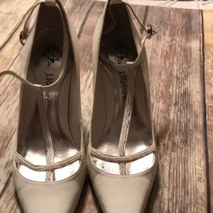 J.Renee white T-Strap with pearls leather heels. Size 8.5M with ankle straps